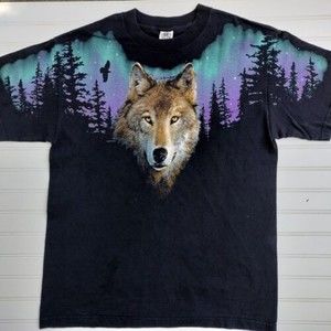 Vintage Wolf Night Sky Wrap Around Print T Shirt